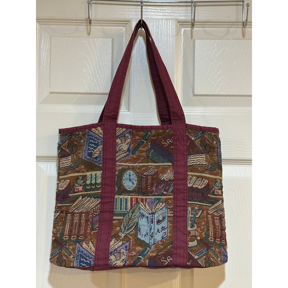 Vintage Library Book Theme Woven Tapestry Tote Bag Burgundy Academic Librarian